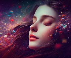Abstract woman dream decorated by harmony and endless colors of star in the sky background. Sleeping beautiful girl imagination. Generative AI