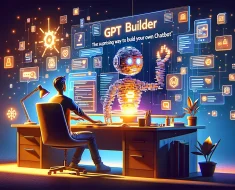 Title image for an article titled 'GPT Builder_ The Surprising Way to Build Your Own ChatGPT'. Visualize a person sitting at a desk with a glowing com