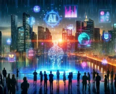 Futuristic cityscape with AI in digital marketing holograms and diverse professionals analyzing digital metrics.