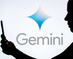 Silhouette of a person using a smartphone with the Gemini logo illuminated in the background.
