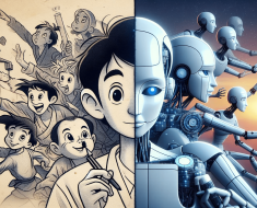 Split image showcasing the evolution from traditional hand-drawn animation to modern AI animation.